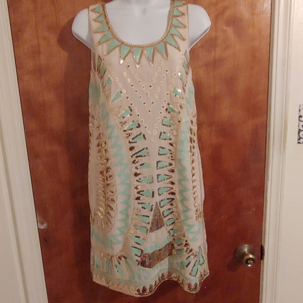 Gold seafoam green sequin flapper dress